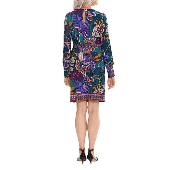 London Times Multi Teal Blue Floral Belted Jewel Neck Mini Sheath Dress 4 NWT - Picture 2 of 15